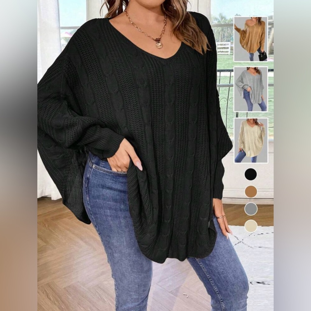 SHEIN Essnce Women's Plus Size Black Sweater Asymmetric Hemline Batwing Sleeves